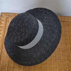 Anthropologie Dark Blue Straw Hat W Striped Trim